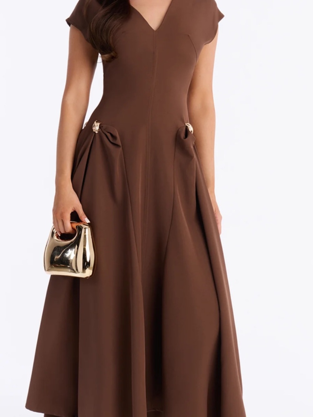 Fashion Nova Brown V-Neck Maxi Dress with Gold Accent